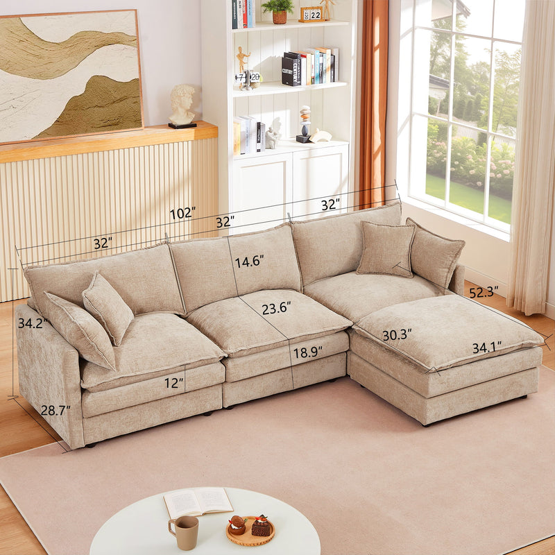 L Shaped Modular Sectional Sofa With Movable Ottoman, 3 Seater Comfortable Seating