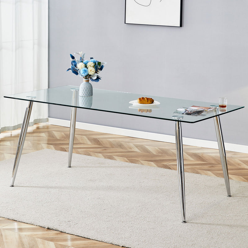Modern Rectangular Glass Dining Table For 4 - 6 People With Tempered Glass Countertop
