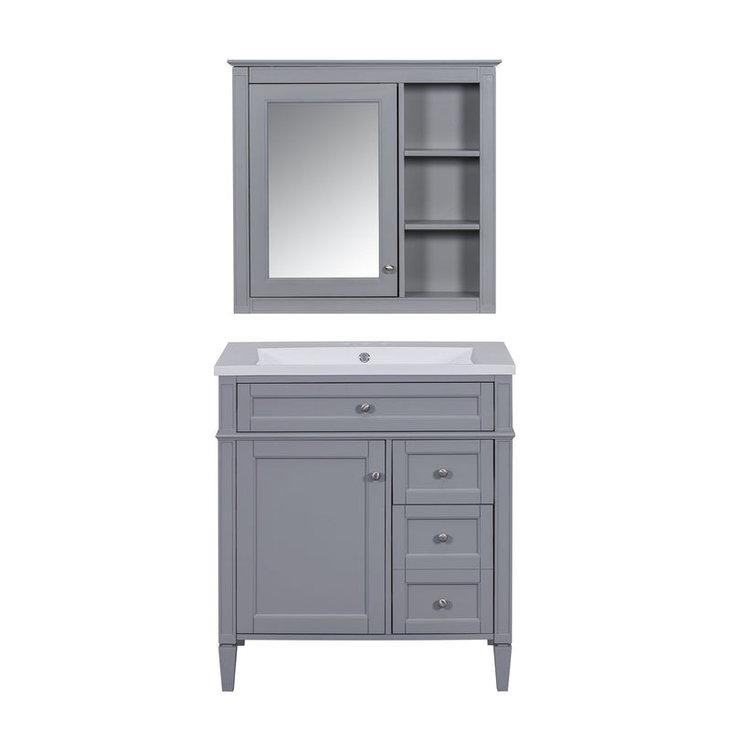 Bathroom Vanity With Top Sink, 2 Doors And 3 Drawers, Freestanding Set With Mirror Cabinet