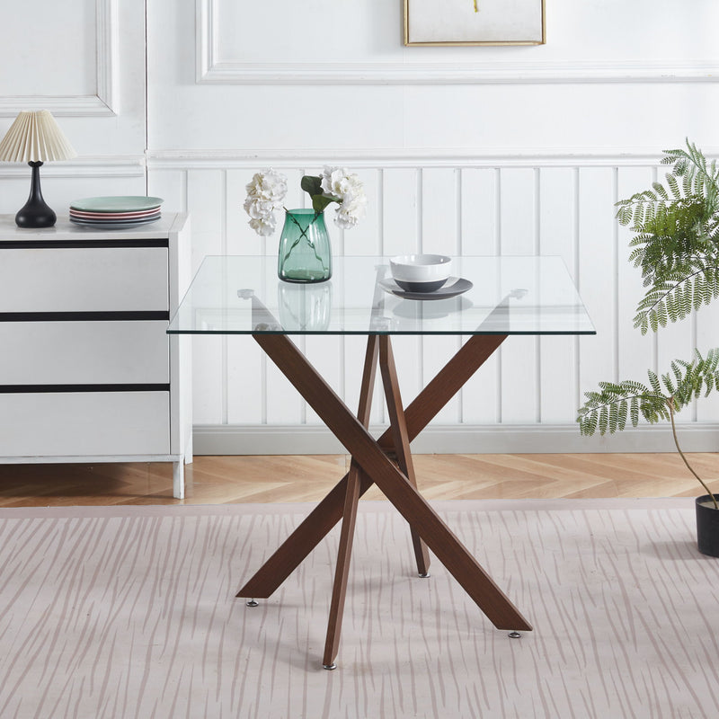 Dining Table With Cross Metal Leg And Tempered Glass, Modern Space Saving Kitchen Table For Living Room Legs, Square Table