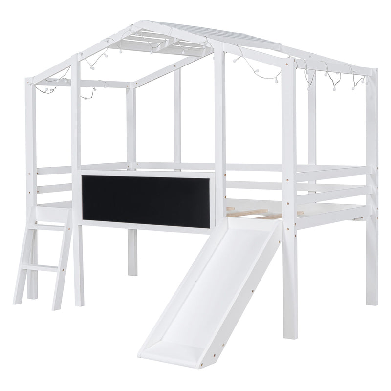 Loft House Bed With Ladder And Slide, With board And Light Strip On The Roof