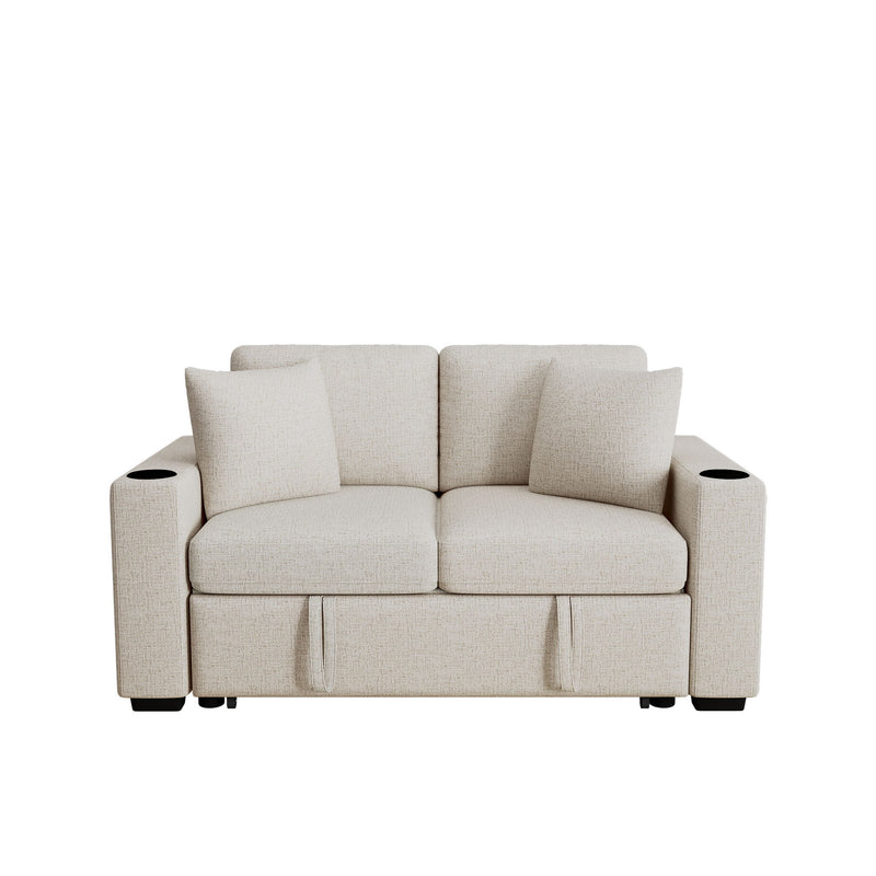 Modern 2 Seater Loveseat Sofa With Pull-Out Bed, Fabric, Built-In USB Ports & Cup Holders