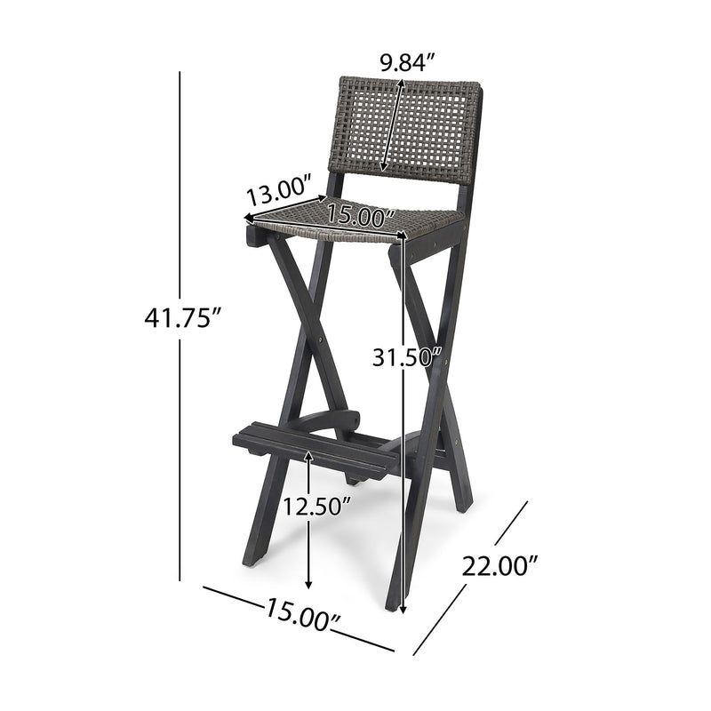 Outdoor Folding Acacia Wood Barstools With Rattan Backrest And Seat