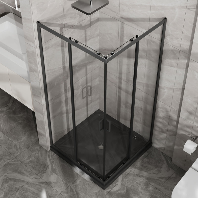 Corner Shower Enclosure, Sliding Door - Matte Black