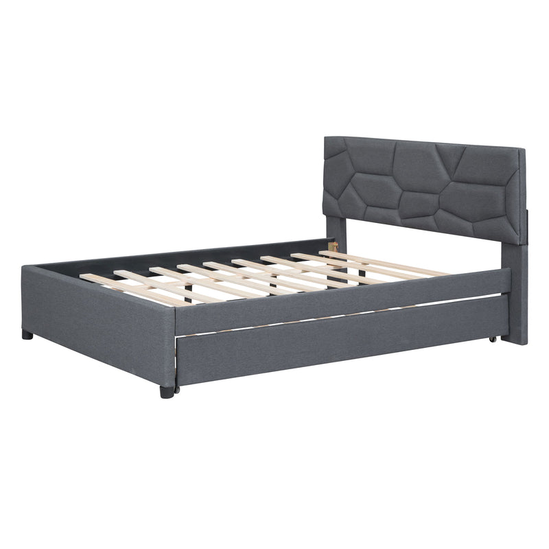 Upholstered Platform Bed With Brick Pattern Headboard And Twin Long Size Trundle