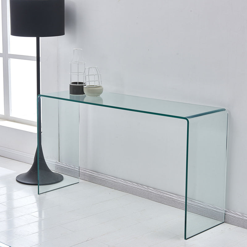 Elegant Transparent Tempered Glass Console Table With Rounded Edges, Modern Sofa Table - Clear