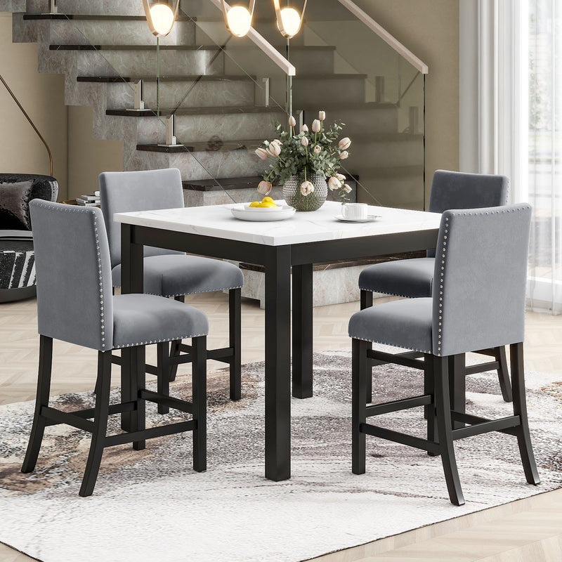 5-Piece Counter Height Dining Table Set With One Faux Marble Top Dining Table And Four Upholstered Chairs