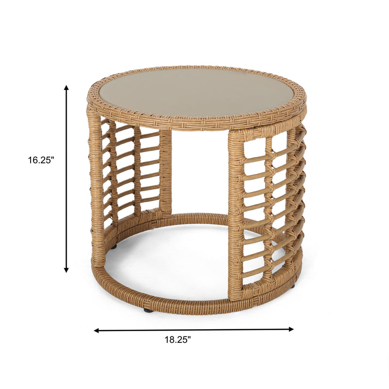 Outdoor Side Table With Tempered Glass Top And Rattan Wicker Cover - Light Brown