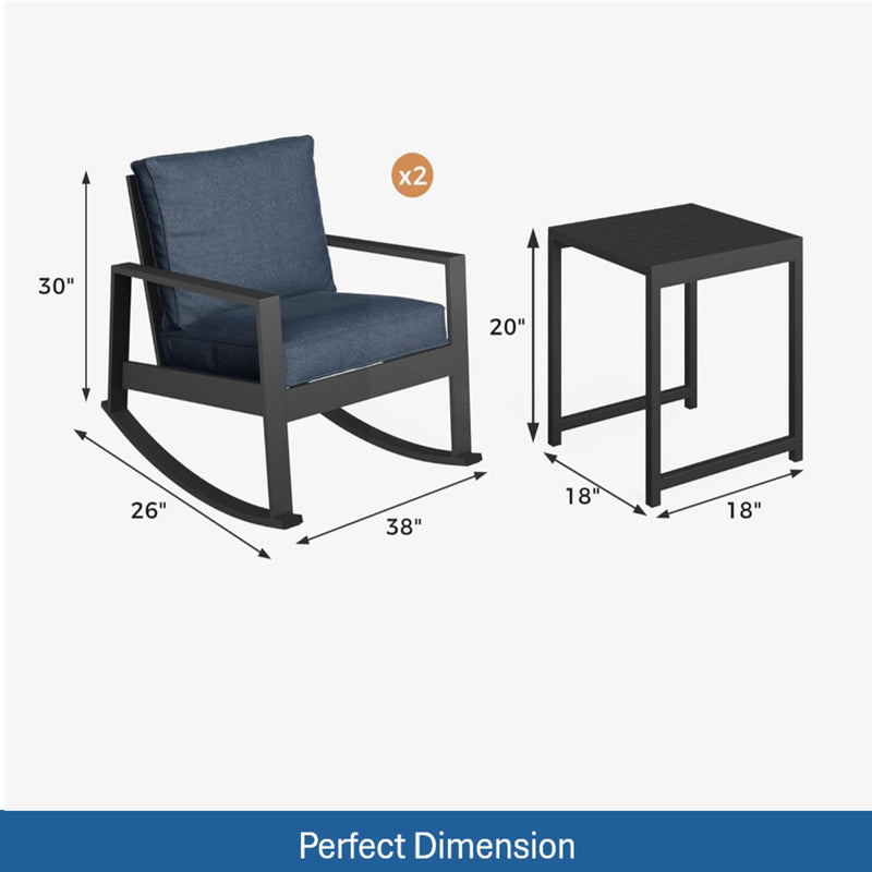 Outdoor Rocking Bistro Set Of 3, Oversized Rocking Chairs With Cushions And Side Table - Black / Blue