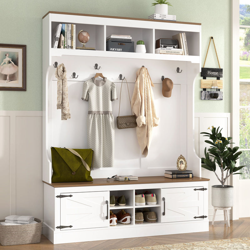 Hall Tree With Bench And Shoe Storage, 5 In 1 Entryway Organizer Cabinet With Coat Rack, 4 Shoe Cubbies & 7 Hooks - White