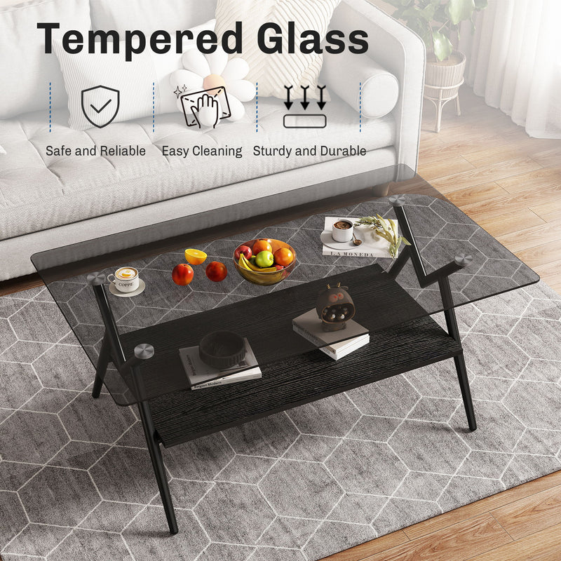 Rectangle Coffee Table With Tempered Glass Top And Shelf, Modern Table For Living Room