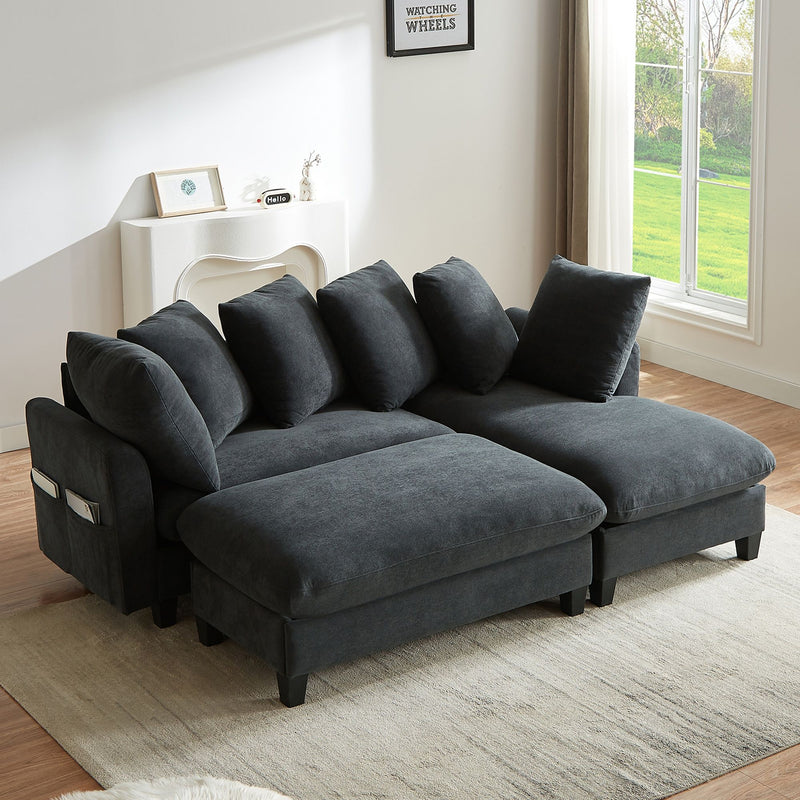 Upholstered L Shaped Sectional Sofa With Storage, Movable Ottoman, And 6 Throw Pillows