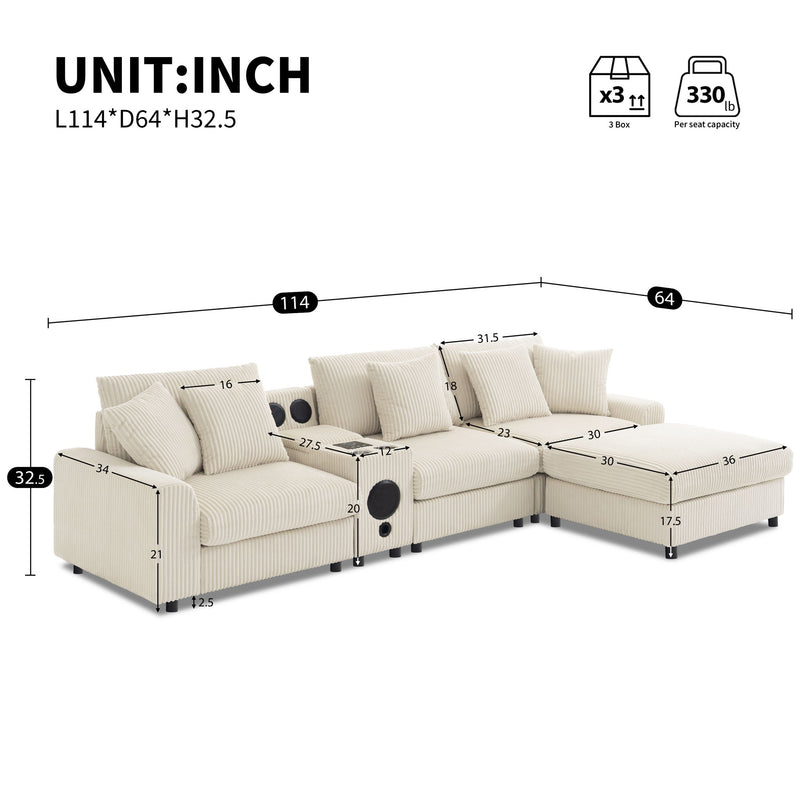 Sectional With tooth Speakers L Shaped Couch With Console USB Charger, Cup Holders Storage Ottoman Deep And Wide Seat Cloud Sofa