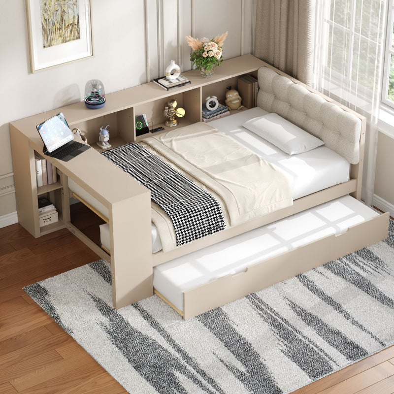 Upholstered Headboard Platform Bed With Storage Shelves, Trundle, Charging Station