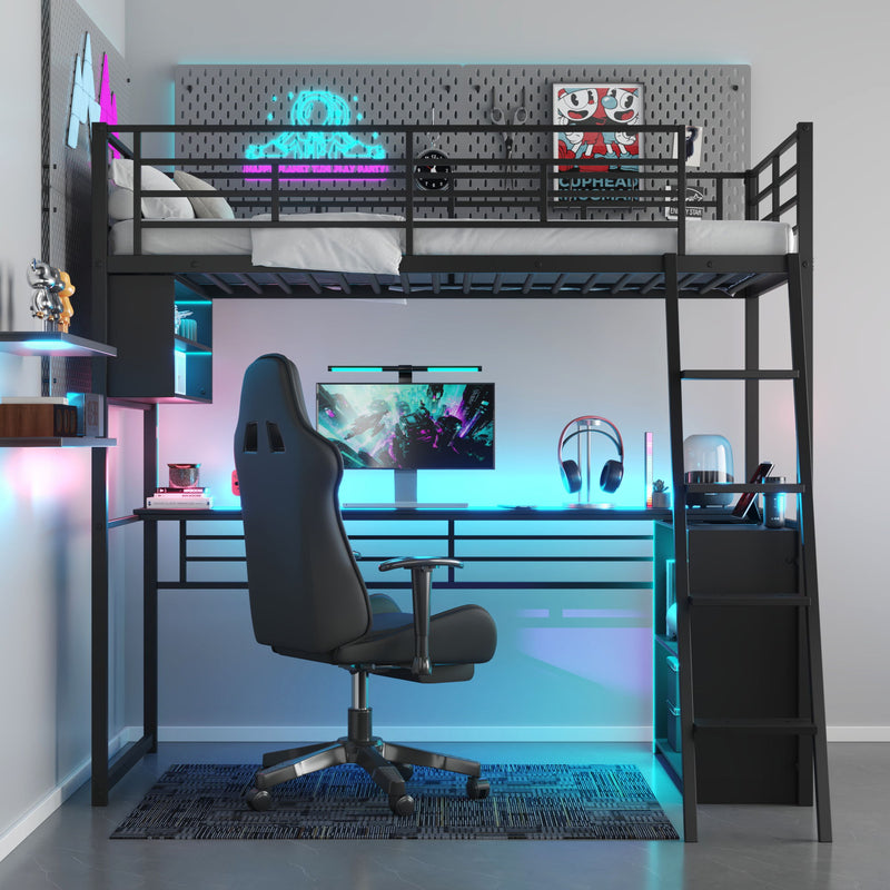 Loft Bed With LED Desk And 4 Storage Shelves