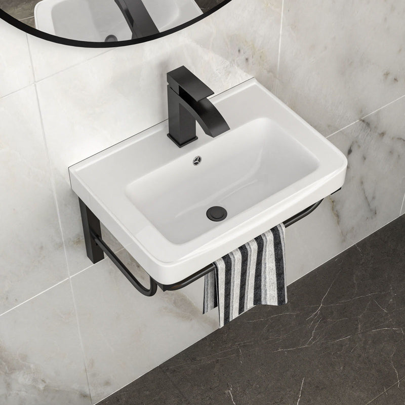 Wall Mounted Rectangular Bathroom Sink With 304 Stainless Steel Towel Bar & Overflow - White