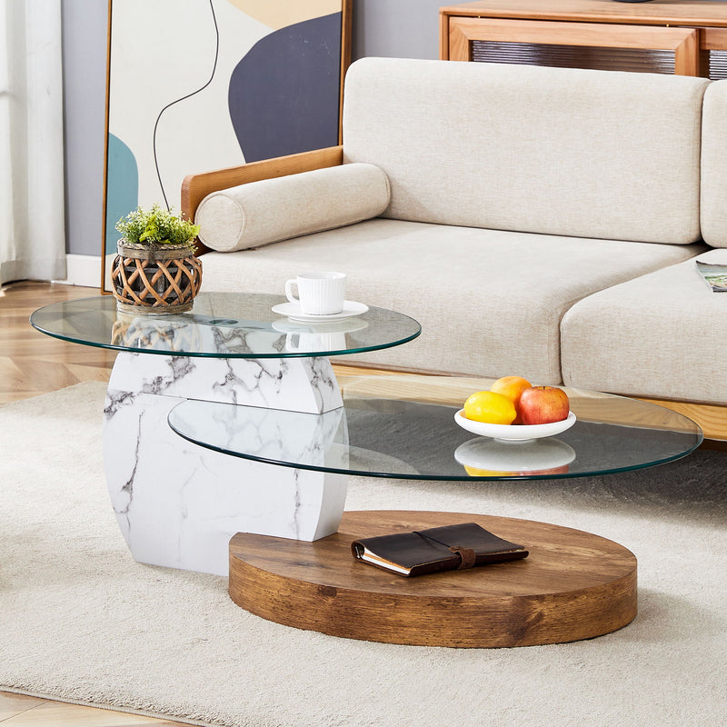Contemporary Artistic Double Layer Coffee Table, Tempered Glass Top