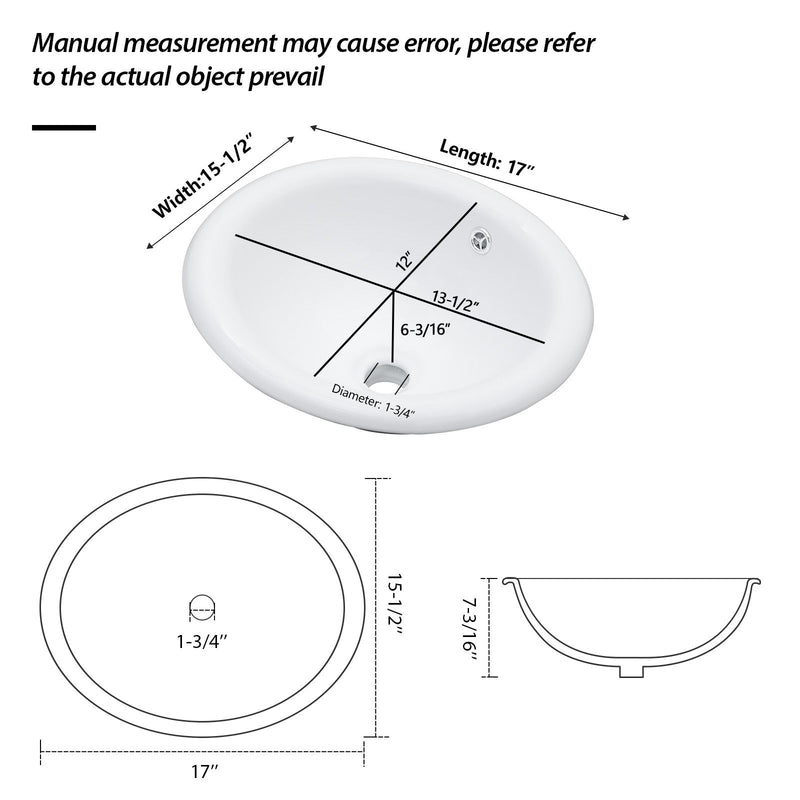 Semi Recessed Bathroom Sink With Countertop Vessel Design, 17" X 15.5" - White