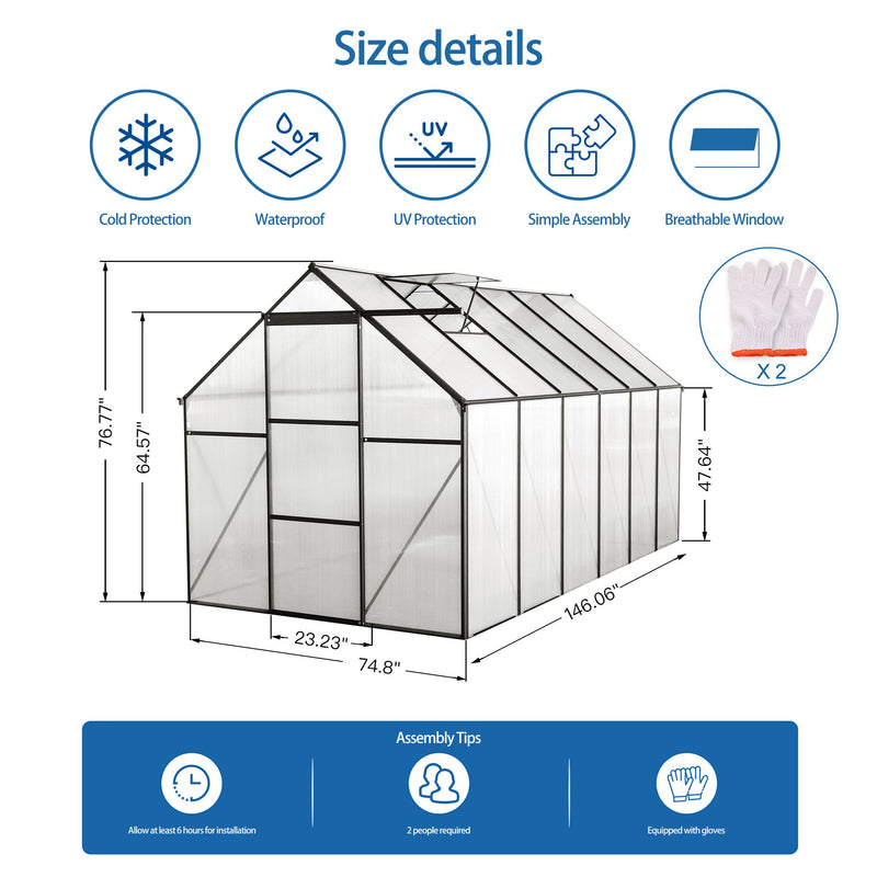Polycarbonate house Raised Base And Anchor Aluminum Heavy Duty Walk-In houses For Outdoor Backyard In All Season