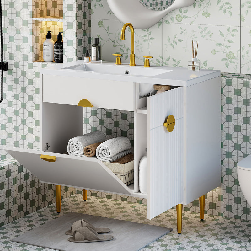 Bathroom Vanity With Sink, Storage Cabinet Soft Closing Door And Drop Down Compartment - White