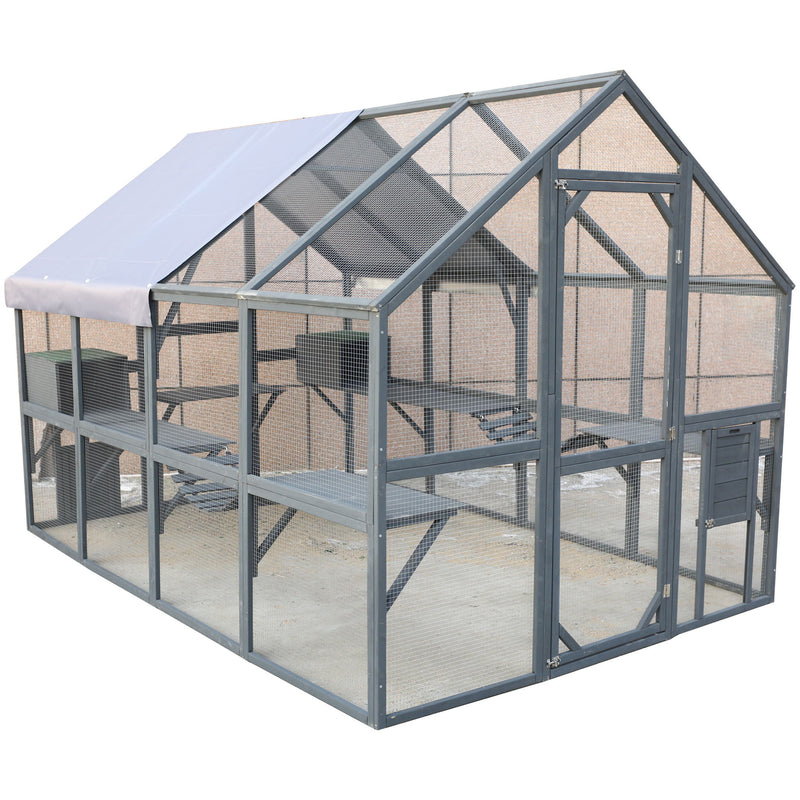 Spacious Wooden Cat Catio Outdoor Kitty House With Bridges And Roof Cover - Gray
