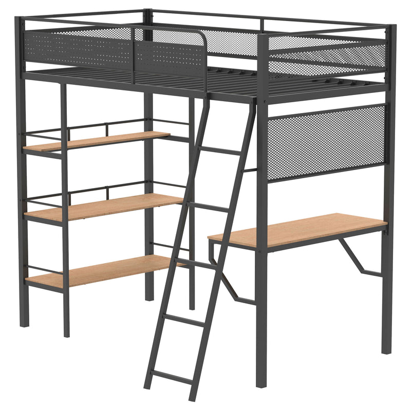 William - Twin Loft Bed 3 Shelf With Built In Desk - Matte Black