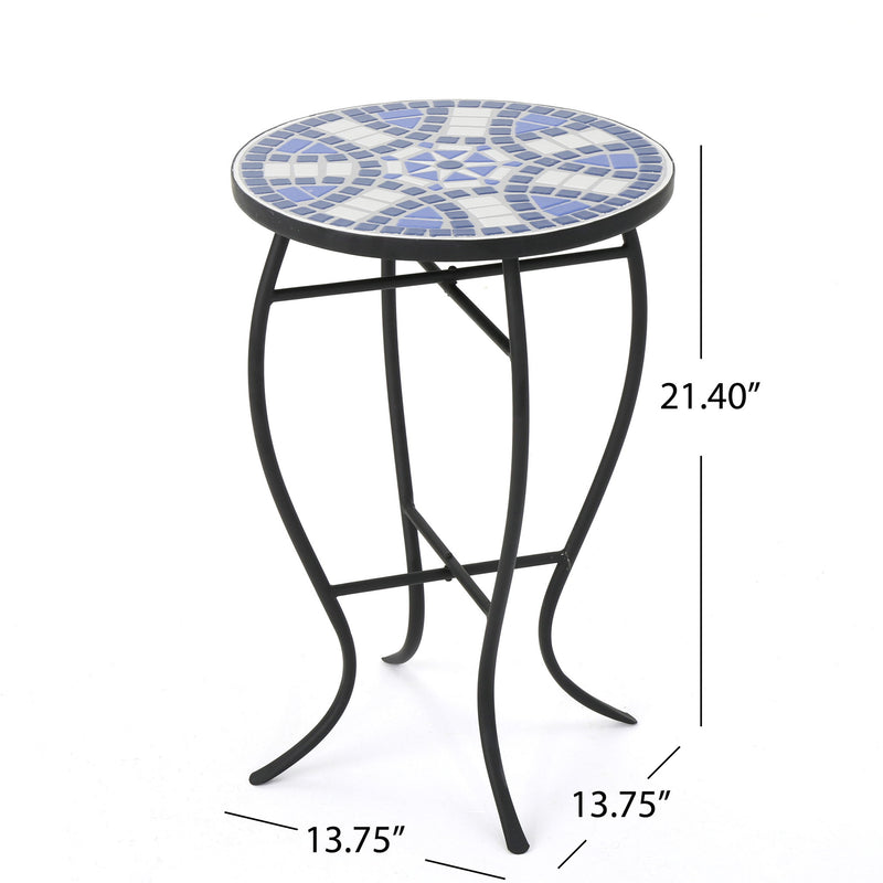 Outdoor Round Side Table With Mosaic Style Top And Curved Iron Legs - Blue / Matte Black