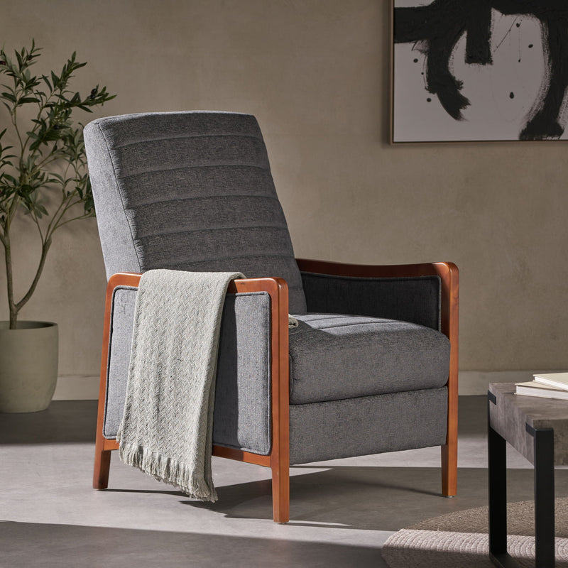 Mendota - Mid Century Modern Fabric Channel Stitch Wood Pushback Recliner - Gray