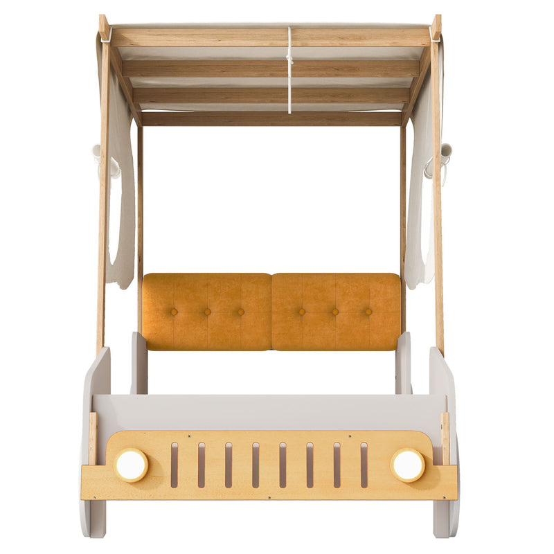 Twin Size Car Bed With Pillow, Ceiling Cloth And LED - Natural