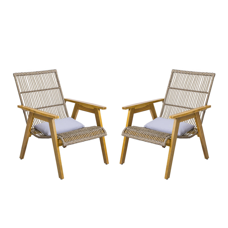 Acacia Wood Cape Woven Wicker Large Lounge Chair With Pillow For Patio, Deck, Yard, Lawn And Garden Seating Wicker (Set of 2) - Teak