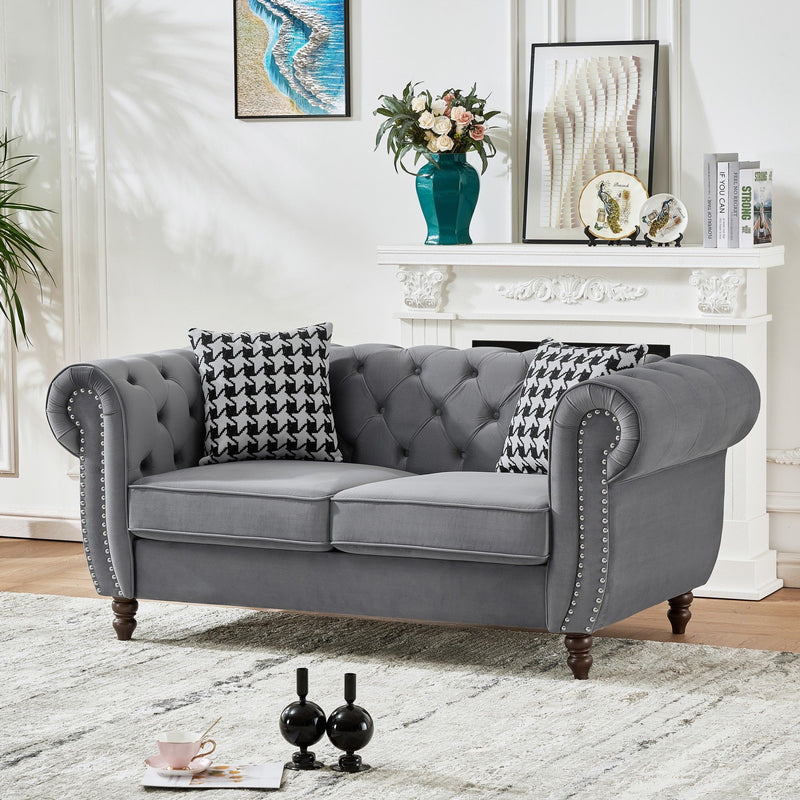 Chesterfield Upholstery Fabric Loveseat With Roll Armrest And Nailhead