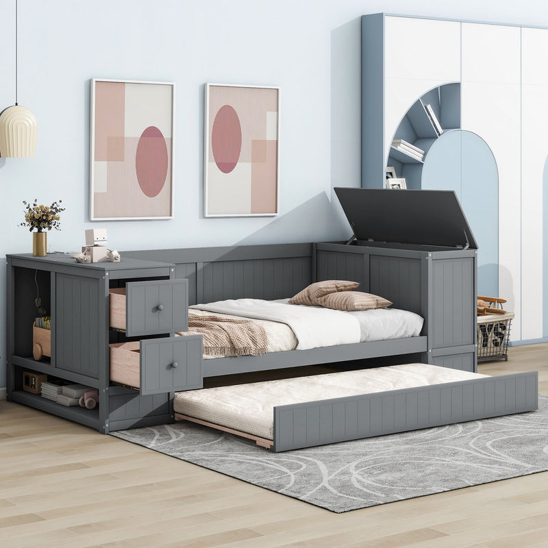 Daybed With Storage Arms, Trundle And Charging Station