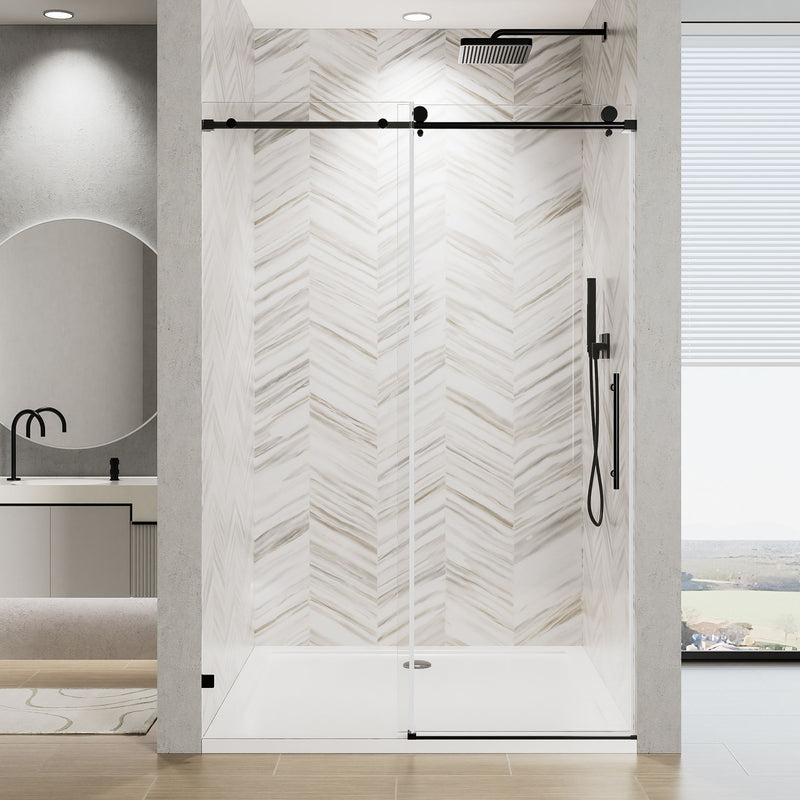 Frameless Single Sliding Soft Close Shower Door, 5 / 16" Clear Nano Coated Tempered Glass And 304 Stainless Steel Handle - Matte Black