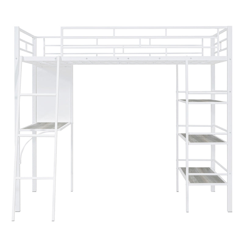 Loft Metal Bed With 3 Layers Of Shelves And Desk, Stylish Metal Frame Bed With board