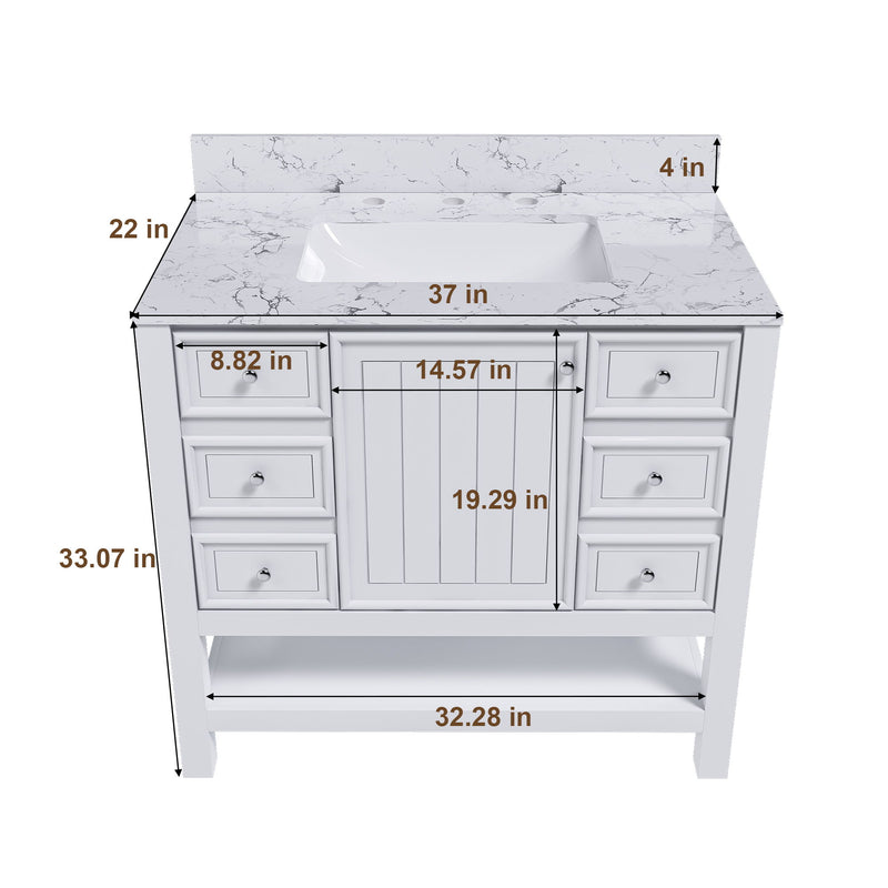 37" Bathroom Vanity With Artificial Marble Carrara Top, Multi Functional Cabinet With Doors And Drawer - White