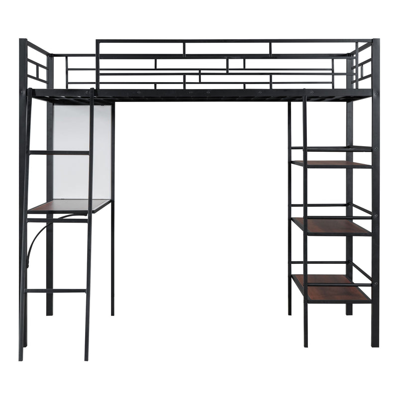 Loft Metal Bed With 3 Layers Of Shelves And Desk, Stylish Metal Frame Bed With board