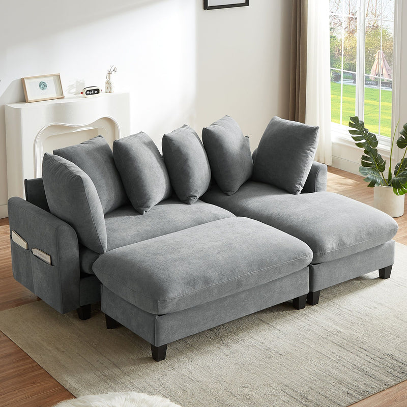 Upholstered L Shaped Sectional Sofa With Storage, Movable Ottoman, And 6 Throw Pillows