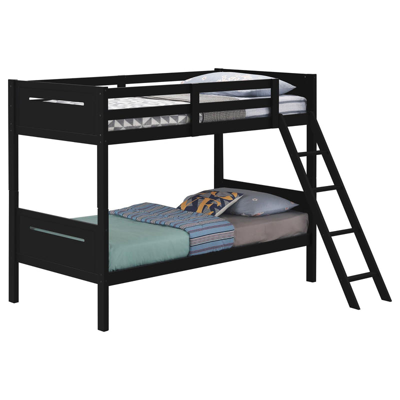 Twin / Twin Bunk Bed With Built In Ladder Frame With Angled Access And Safety Guardrails - Black