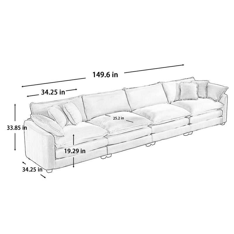 Modern Upholstered 4 Seater Fabric Sofa With Arm And Throw Pillows