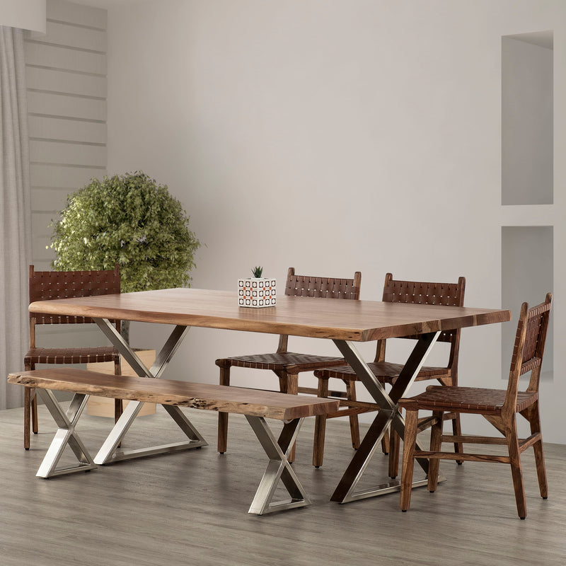 Farmhouse Design Acacia Wood Dining Bench With X Shaped Metal Legs - Brown / Chrome