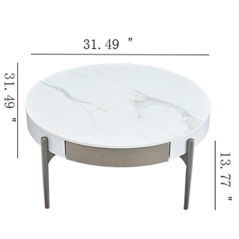 Modern Round Coffee Table With Storage Drawers Handcrafted Ceramic Inlay Tabletop 2 Tone Wood Legs Scandinavian Living Room Center Table - White / Gray