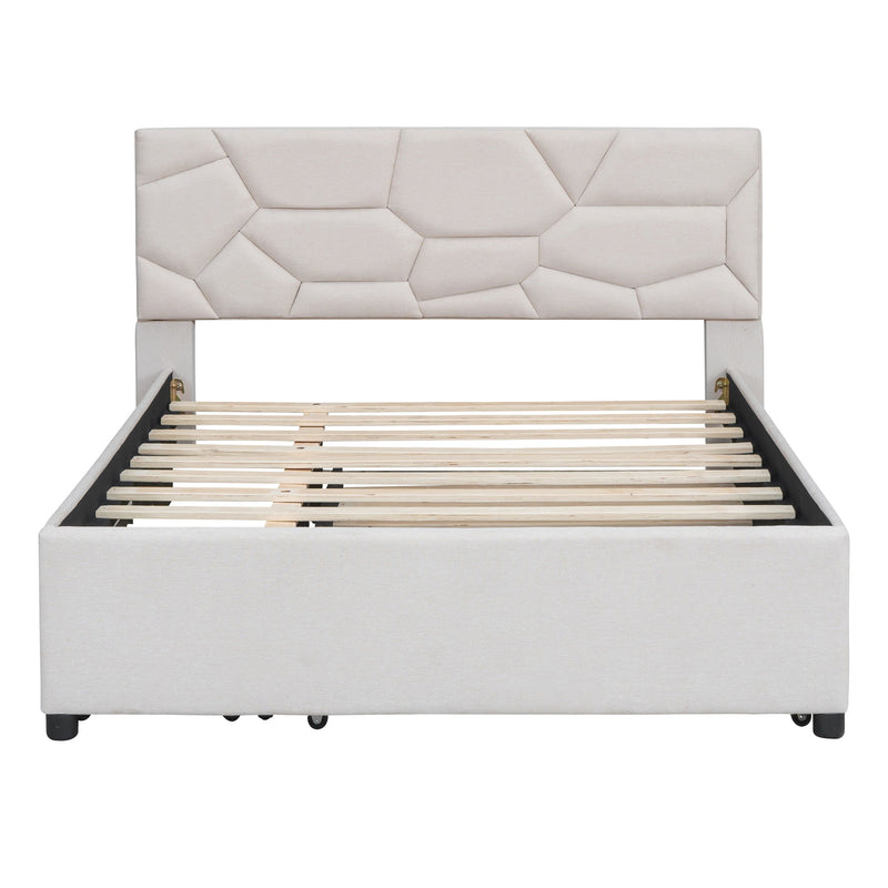 Upholstered Platform Bed With Brick Pattern Headboard And Twin Long Size Trundle