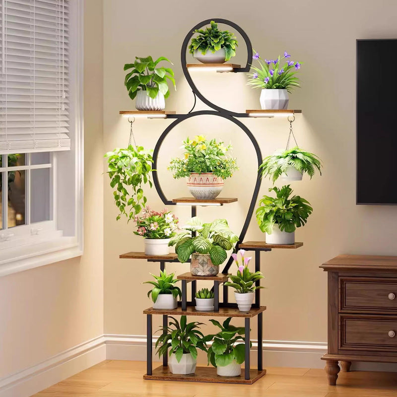 Plant Stand Indoor With Grow Light, 9 Tiered 63" Tall Indoor Plant Shelves For Multiple Plants - Walnut / Black