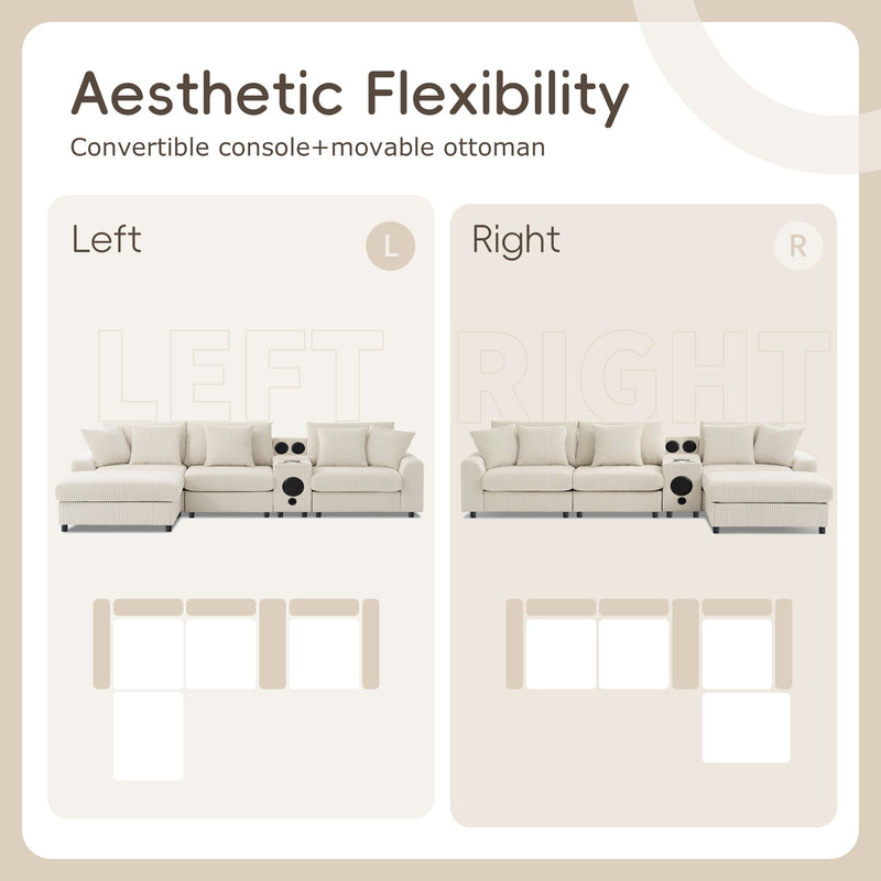 Sectional With tooth Speakers L Shaped Couch With Console USB Charger, Cup Holders Storage Ottoman Deep And Wide Seat Cloud Sofa