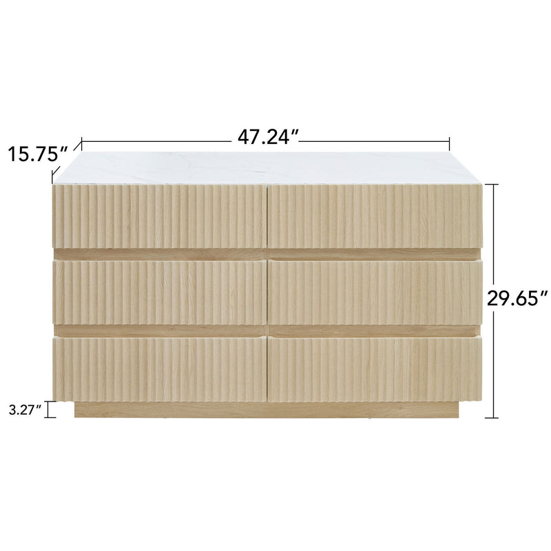 Fluted 6 Drawers Dresser, Double Dresser Chest Of Drawers, Modern Chest Of Drawers With LED, Drawer Organizer For Bedroom, Living Room, Hallway - Natural
