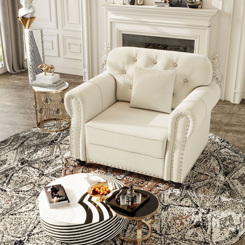 Upholstered Sofa With Nailhead Trim And Rolled Armrests, 1 Pillows - Beige / White